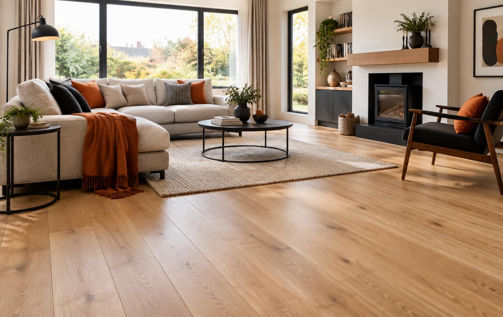 Contemporary room with light wood-effect flooring